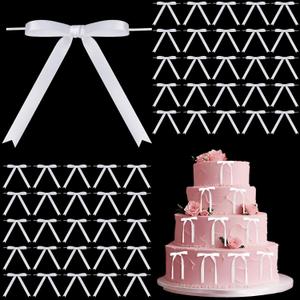 Riceshoot 100 Pcs Twist Tie Bows for Cake 3 x 4.3 Inch Satin Ribbon Bulk Pre Made Bows for Wrapping Gift Treat Bags DIY Craft Valentine Wedding Baby Shower Birthday Party Decor(White)