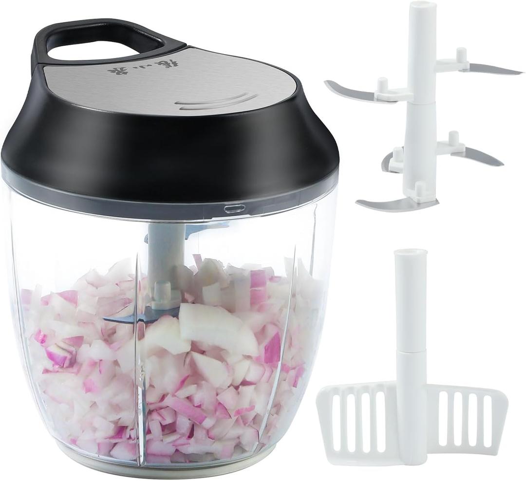 ZHANG XIAO QUAN SINCE 1628 Manual Vegetable Chopper, Hand Pull String Garlic Mincer Onion Cutter for Veggie, Peppers, Tomatoes, Ginger, Fruits, Nuts, 3.6 Cup(900ml) Food Chopper With Egg Whisk (Black)