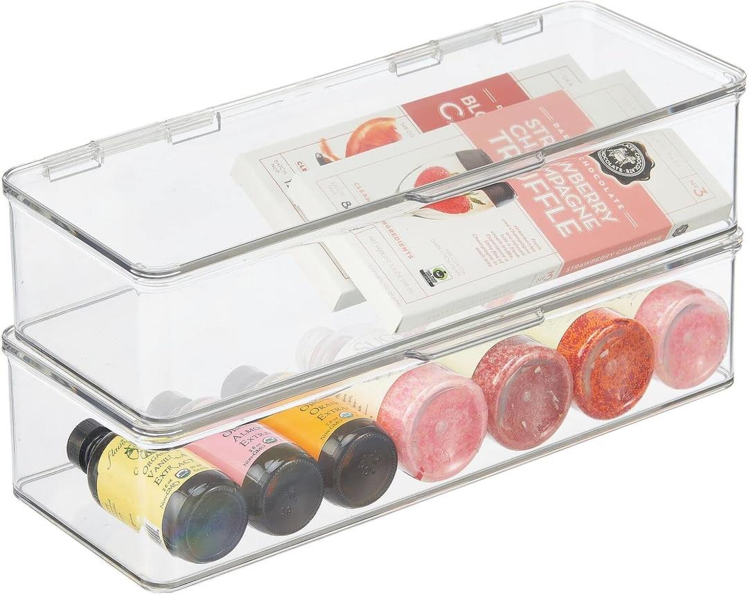 mDesign Long Plastic Kitchen Pantry/Fridge Storage Organizer Box Containers with Hinge Lid for Shelves or Cabinets, Holds Food, Snacks, Seasoning, Condiments, Flatware, Utensils, 2 Pack - Clear