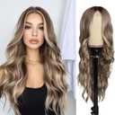 Long Brown Wave Wig for Women Middle Part Brown Blonde Wavy Wigs Natural Looking Synthetic Heat Resistant Fiber Wig for Daily Party Use (26 Inch)
