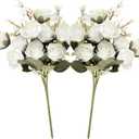 5 Stems 10 Heads Artificial Flowers Small Roses with Leaf Bouquet for Valentines Decoration Kitchen Wedding Office (2 Pcs, White)