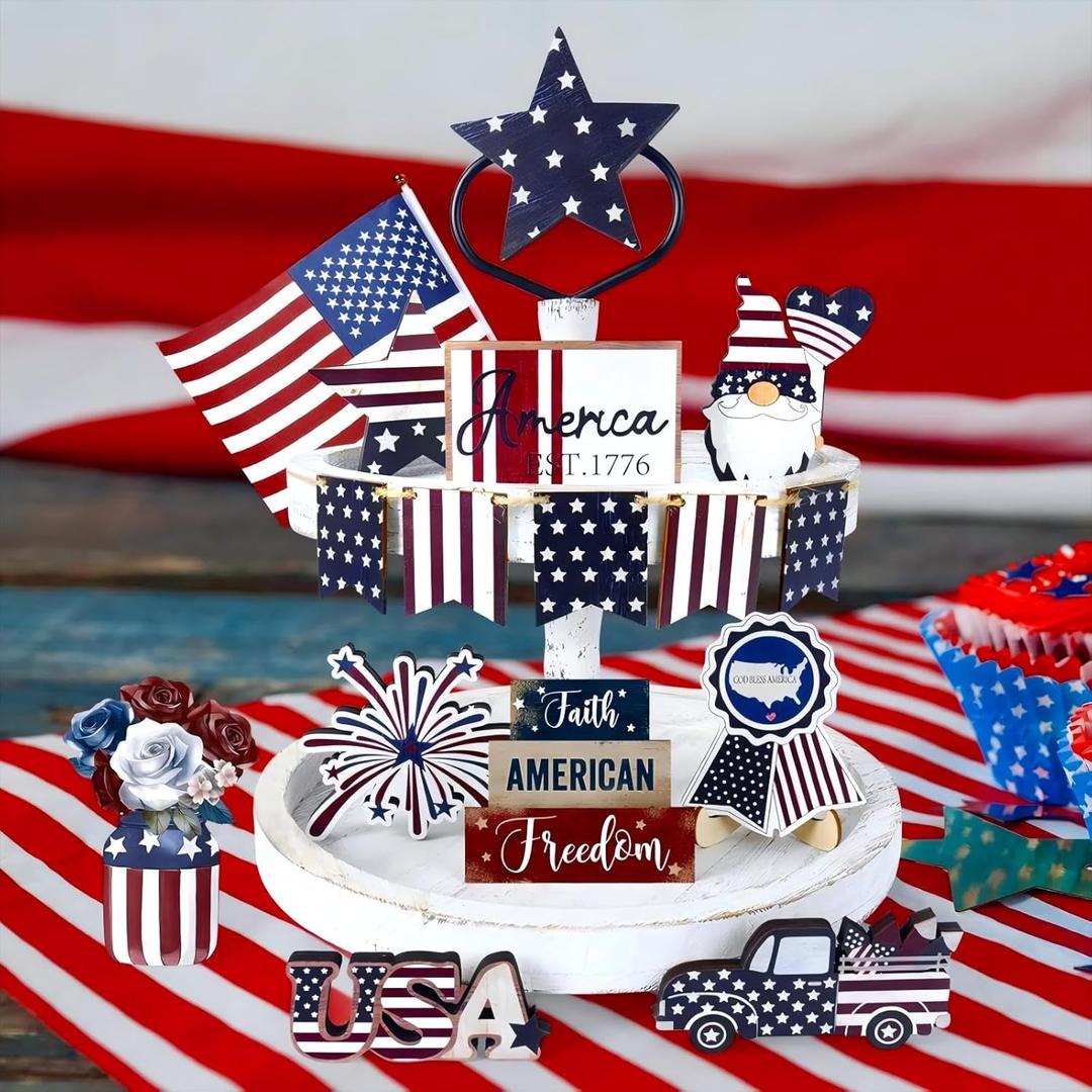 4th of July Tiered Tray Decorations, 16 Pcs Wooden Patriotic Tiered Tray Decor Set Red White Blue Rustic Farmhouse Table Sign for Independence Day Memorial Day Home Party, 9 mm Thickness