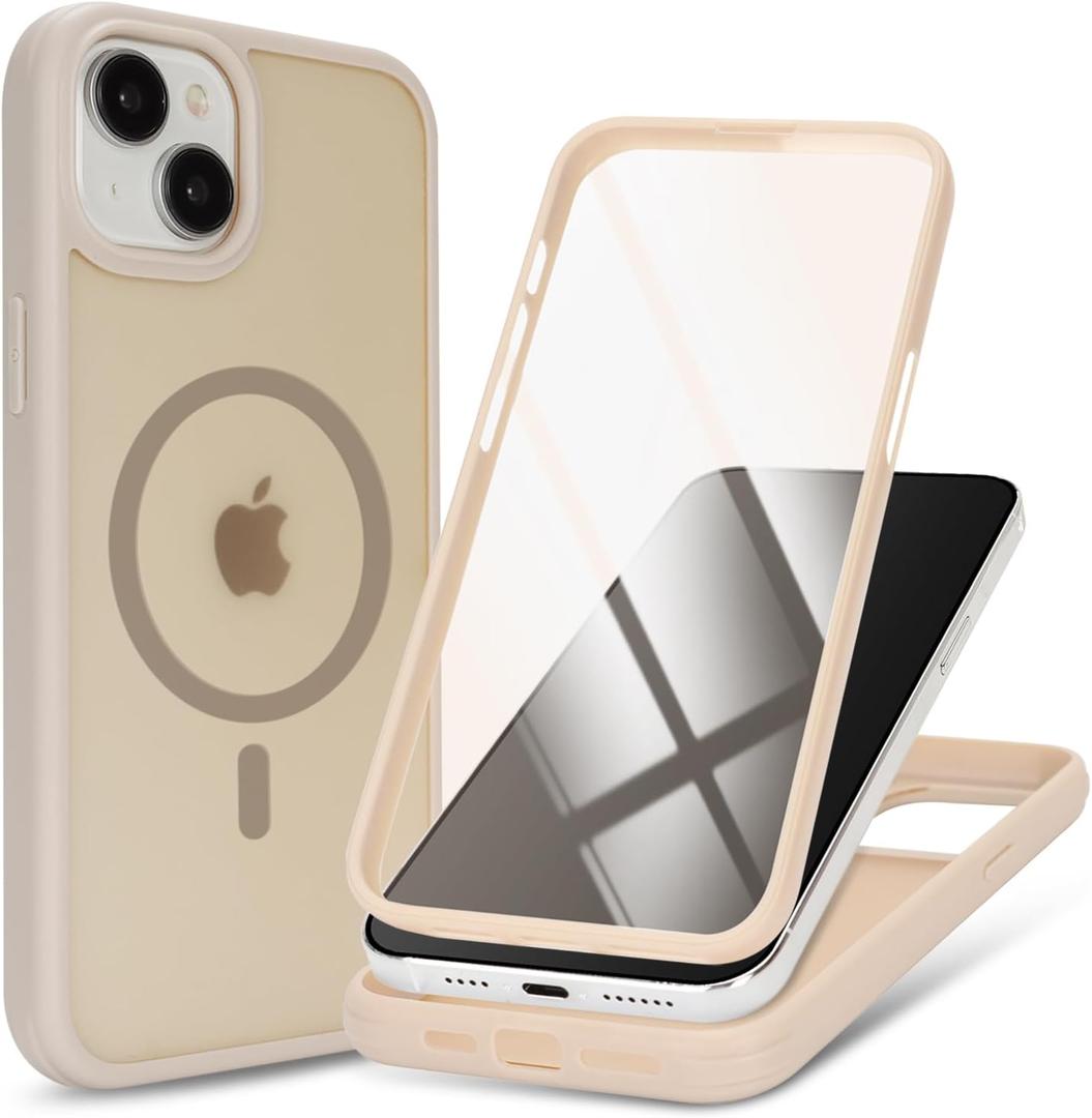 for iPhone 15 Case with Built-in Screen Protector Anti-Scratch,for Apple iPhone 15 Protective Phone Cases,Compatible with MagSafe for Men Women-Off-White