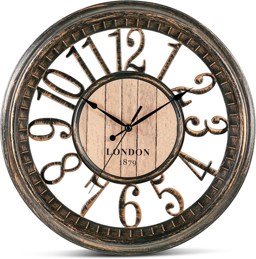 Bernhard Products Large Wall Clock 16 Inch Non Ticking Battery Operated Brown Rustic Farmhouse Vintage Design Stylish Decorative Clocks for Home/Office/Kitchen/Living Room/Bedroom