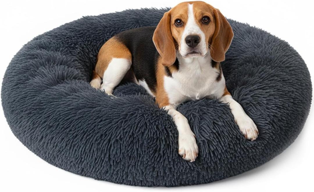 Donut Pet Bed for Medium Size Dog, Round Calming Soft Cat Cuddler,Anti Anxiety Cozy Soft Sofa,Fluffy Faux Fur Plush Cushion-31''-Dark Grey