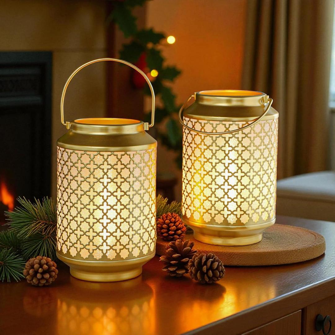 TRIROCKS Set of 2 Battery Operated Lamp 7.5'' High Cordless Decorative Lamp Metal Table Lamps with LED Bulb for Home Living Room Weddings Parties Patio Events Outdoors Indoors Shelf (Gold)