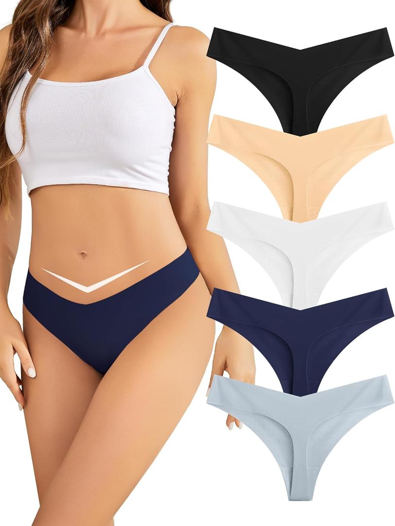 voenxe Seamless Women Thongs,No Show Ladies Underwear,Invisible Comfy Spandex Soft Panties,Low Rise for Gym,Workout,5 Pack (Basic)