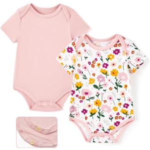 PATPAT Baby Bodysuits Supersoft Bamboo Viscose - Short Sleeve Boys and Girls - Newborn Infant Unisex Clothes Pack (0-3 Months, Pink Flowers)