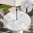 Round Outdoor Tablecloth with Zipper and Umbrella Hole, Fitted Table Cloth with Elastic, Oil Waterproof Tablecover for Patio Picnic Camping Garden Fits 45"-48" Round Table, White Marble