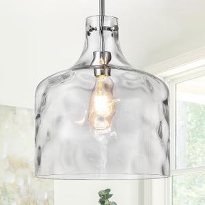 Farmhouse Pendant Light – Hand-Blown Clear Hammered Glass Shade, Chrome Finish, Adjustable Chain Hanging Fixture for Kitchen Island, Dining Room & Hallway, 15" H x 12" D