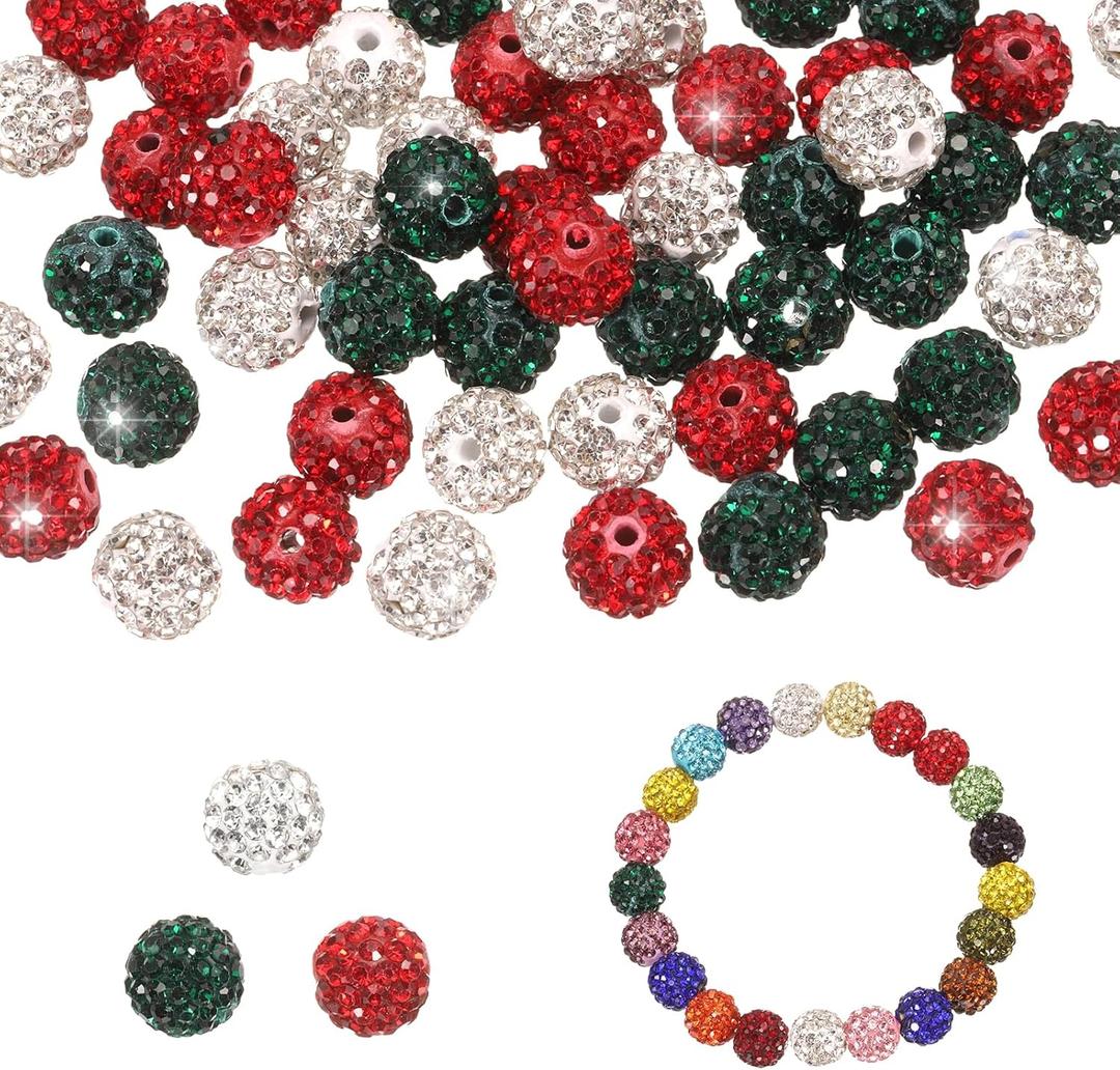 MECCANIXITY Rhinestone Beads for Jewelry Making, 10mm 100Pcs Polymer Clay Disco Ball Crystal Beads for Baseball Necklace Bracelet Earring DIY Crafting, White/Red/Dark Green/
