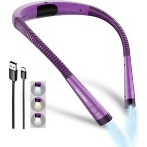 Glocusent Book Light, 3-Color & 6-Brightness Reading Light, Bendable Neck Light, 80-hr Lasting Rechargeable Book Light, Perfect Reading Lights for Books in Bed, Knitting, Repairing, Book Lovers Gifts (Standard-Medium, Purple)