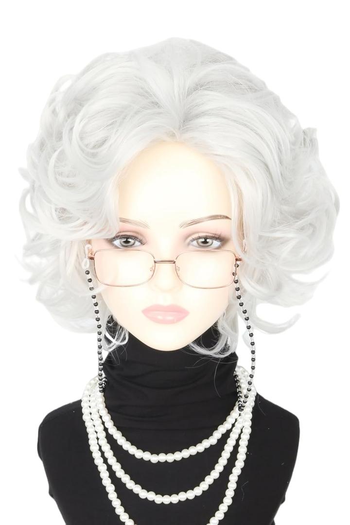 Old Lady Wig Costume Set Short Curly Beige Grey Granny Wig for Women 100 Years Old Woman Wigs for Halloween Party Cosplay Theatre Dress Up