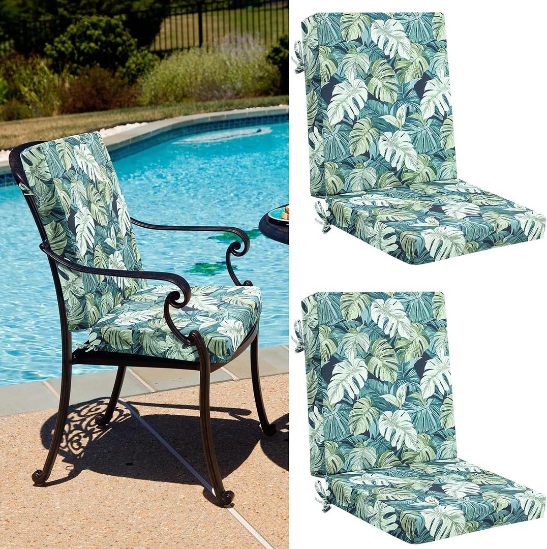 Patelai 2 Set 42x21x3 Inch Outdoor Patio Chair Cushions for Dining/Rocking Chairs High Back Soft Seat Pad with Ties Waterproof Fade Resistant for Indoor Outside Furniture (Elegant,Green Leaves)