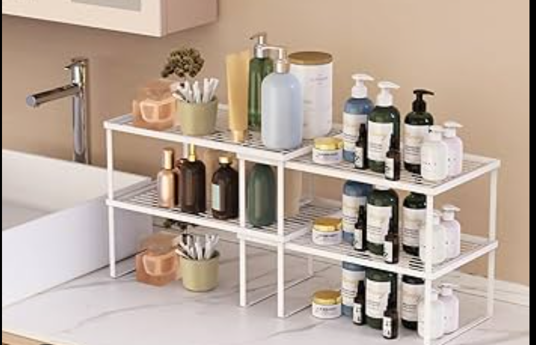 LANEJOY Metal Expandable Cabinet Shelf Organizer, Set of 2 Stackable Shelves for Pantry, Storage Countertop Shelf for Kitchen Counter, White, 17" L X 10" D X 6.3" H