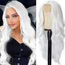 MYQUEEN White Wig for Women Long Wavy Wig 26 Inch Glueless Curly Synthetic Lace Front Wig Middle Part Natural Looking Heat Resistant Fiber Wig for Party Halloween Cosplay