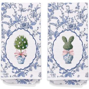 Blue and White Chinoiserie Easter Egg Bunny Kitchen Towels Set of 2 - Spring Cute Easter Rabbit Hand Towels for Bathroom Kitchen, Grandmillennial Decorative Dish Tea Towel Dishcloth617 (Hcolor005)
