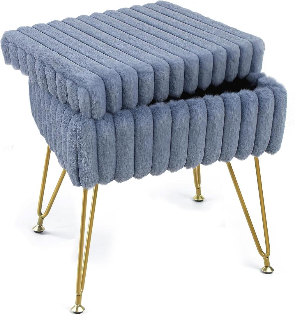 Vanity Stool Chair with Storage, Faux Fur Soft Padded Ottoman with Coffee Table, Modern Vanity Chair Fluffy Footstool with Metal Legs for Makeup, Living Room,Bedroom Blue