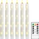 Real Wax Flameless Taper Candles with Remote Timer,6 Pcs Taper Battery Operated Candle,9.6 Inches LED Candles with Embedded Star String for Home Decor Holiday Party,White (Vertical grain-White)