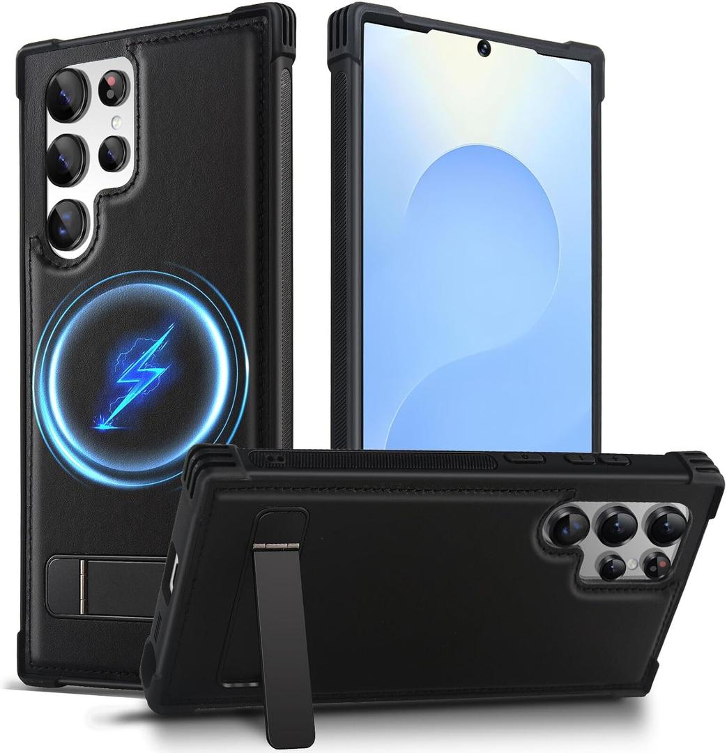 KEZiHOME Case for Samsung S22 Ultra Genuine Leather with Kickstand, Compatible with MagSafe, Military Grade Protection with Stronger Magnet Phone Case for Galaxy S22 Ultra (Carbon Black)