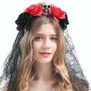 Bubbmi Mexican Rose Flower Crown Headband with Black Veil, Day of the Dead Headpiece, Halloween Costume Festival Headwear with Skull, Dia De Los Muertos Hairhoop (Mexican E)