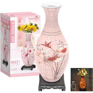 3D Puzzles Vase for Adults, Crafts for Adults, Gifts for Mom, 160 Pieces Plastic DIY Unique Flower Vase with LED Light House Warming Gift Birthday Gifts for Flower Arrangements and Home Decor (Pink)