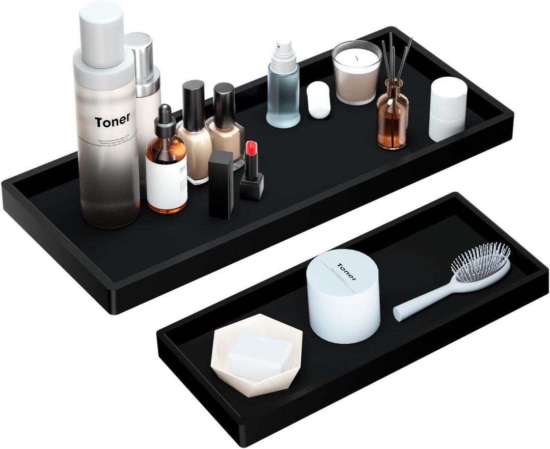 BBK Bathroom Vanity Tray- 2 Pack (7.8" and 11.8") Silicone Bathroom Tray for Counter, for Perfume Key Trinket Ring Soap Organization - Black (Black (Small & Large))