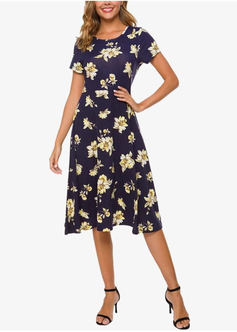 Urban CoCo Women's Floral Print Short Sleeve Flared Midi Dress (Large, #10)
