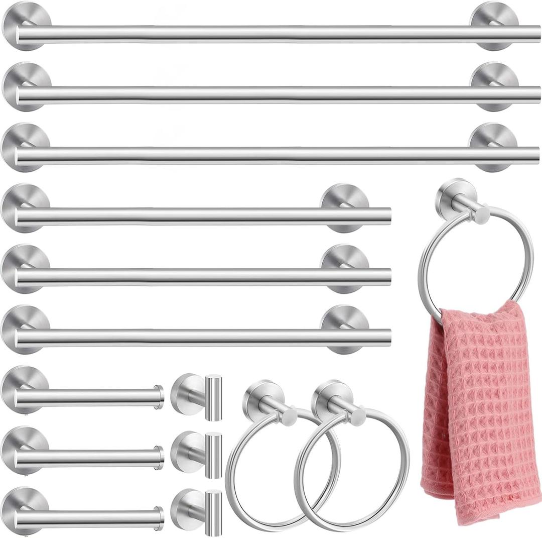 Gisafai 15 Pcs Silver Bathroom Accessories Hardware Set Towel Racks for Bathroom SUS304 Stainless Steel 23.6 Inch Brushed Towel Bar Ring Toilet Paper Holder Robe Hooks for Wall Mounted