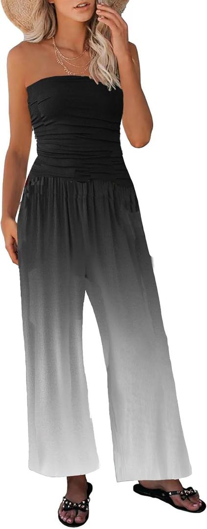 Bustier Jumpsuits for Women Summer Cuasual Strapless Backless Jumpsuit Loose Wide Leg One Piece Sexy Long Rompers