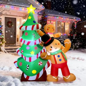 GVDV 8FT Inflatable Christmas Tree with Gingerbread Man Clearance, Giant Outdoor Christmas Inflatables Decoration with Bright LED Lights, Fast Blow Up Christmas Lawn Inflatables with Stakes & Sandbags