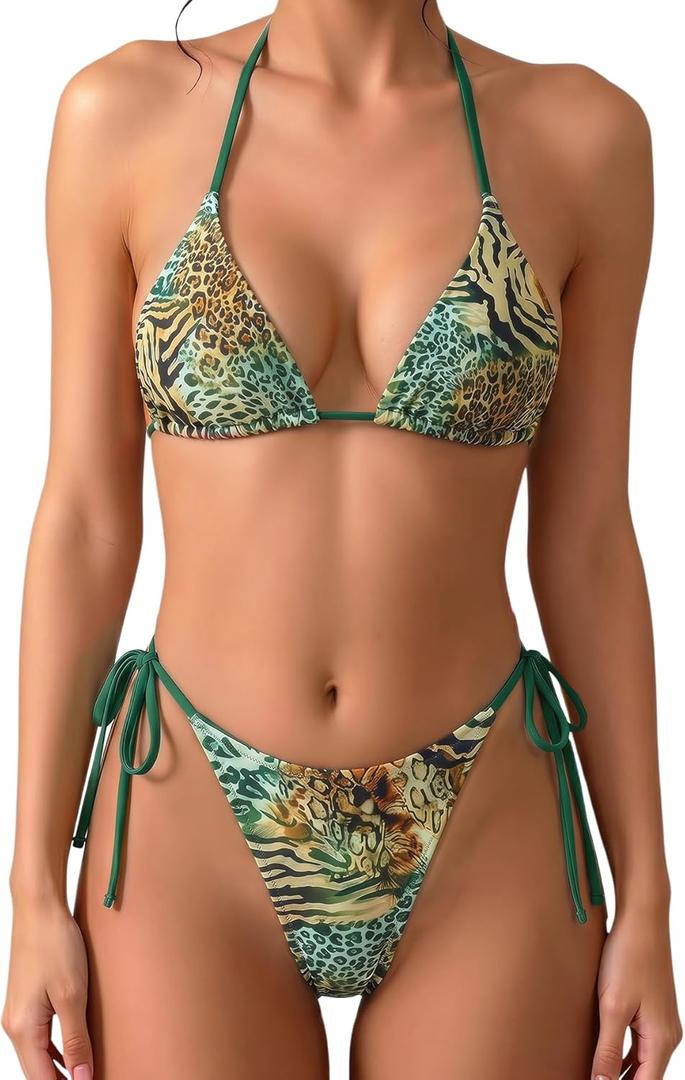 MakeMeChic Women's Polka Dots Triangle Thong Bikini Sets Floral Cute Bathing Suit Swimsuits, XXS