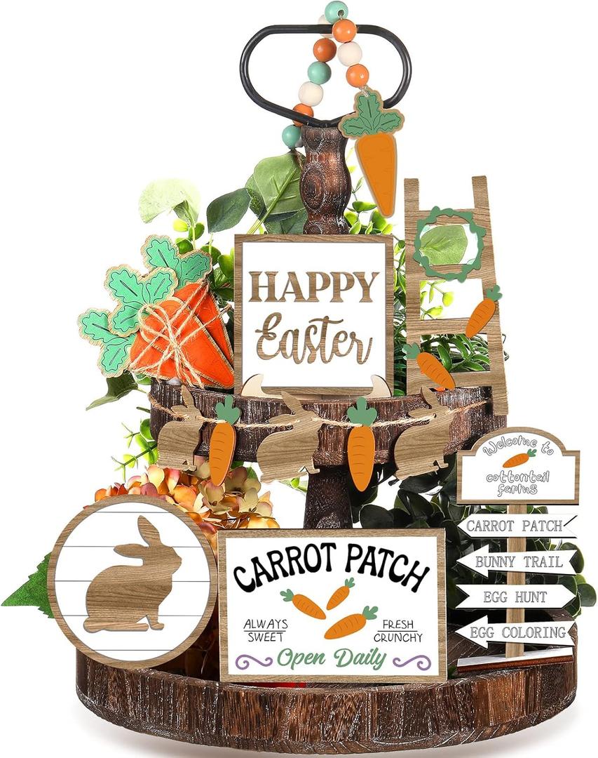 Jetec 12 Pcs Easter Tiered Tray Decor Wooden Carrot Patch Bunny Egg Tiered Tray Items Happy Easter Signs for Spring Home Farmhouse Rustic Kitchen Decorations (Wooden Bunny)