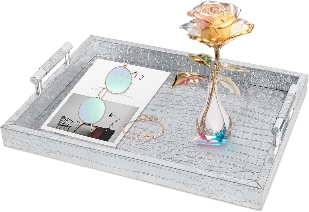 SXNOWS Faux Leather Rectangle Serving Tray with Handles, Large Decorative Tray for Ottoman Coffee Table Decor Living Room, Kitchen, Bathroom, 16x12inches (Silver)