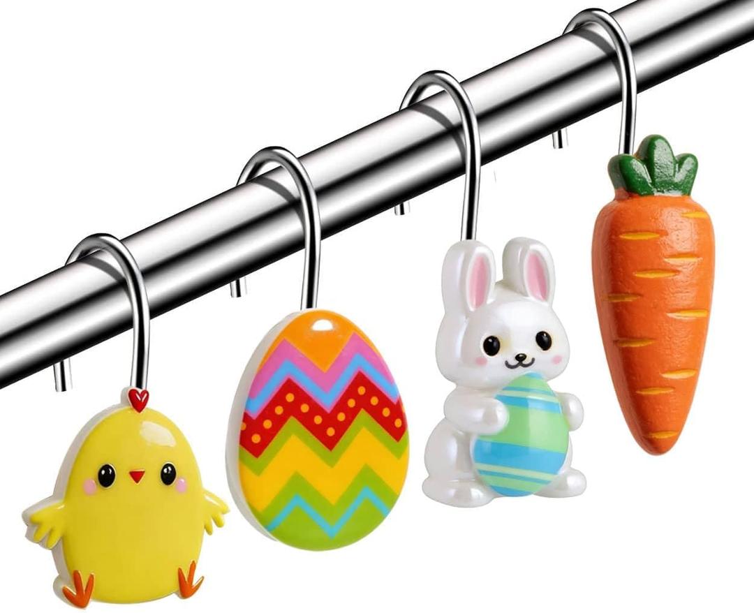 Easter Shower Curtain Hooks Rings12pcs, Rabbits, Carrots, Ducks, Eggs, Cute Bathroom Decor, Bunny Decoration,Rust Proof and Heavy Duty Shower Hanger