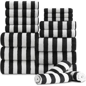 18 Pcs Black White Stripe Bath Towel Set with Hanging Loop-6 Bath Towels,6 Hand Towels,6 Washcloths Soft Family Towels Set Bathroom Towel Highly Absorbent Quick Dry Shower Towel for Beach Spa Gym