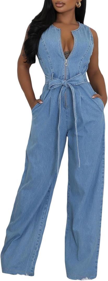 Tbahhir Womens Sleeveless Denim Jumpsuit Bow Tie High Waisted Jumpsuits Wide Leg Romper with Pockets (Large, Blue)