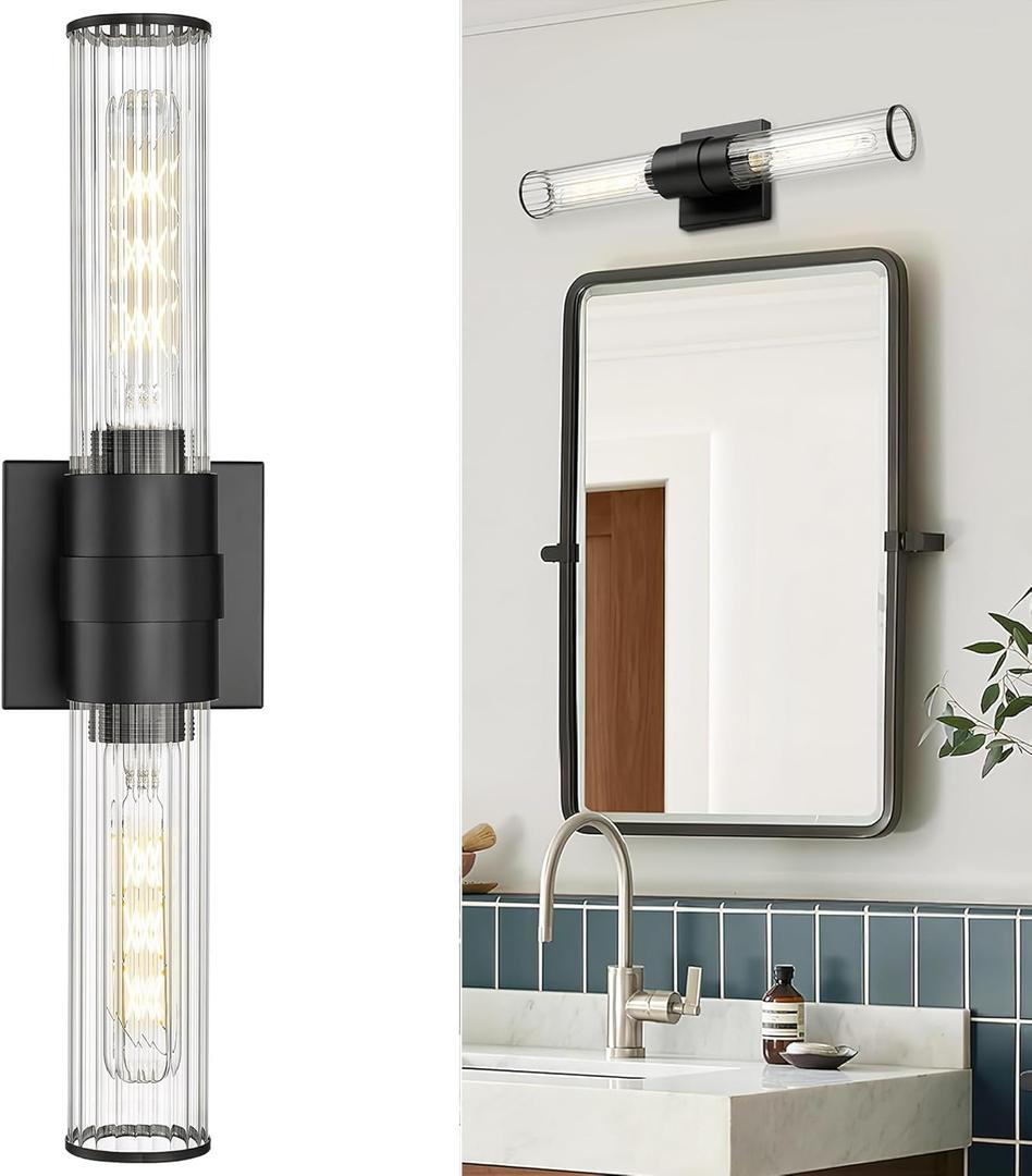 Modern Sconce Wall Lighting, HWH 20'' Black Bathroom Light Fixtures Over Mirror, 2-Light Vanity Light Bar Wall Mounted Vertical and Horizontal, Striped Glass, 5HJF85B BK