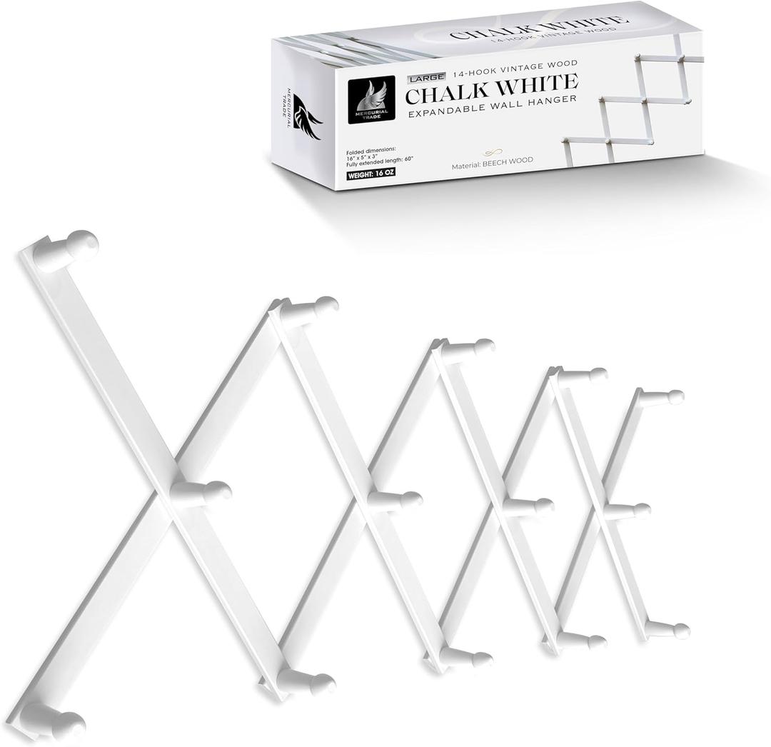 Expandable Wooden Coat Rack Hanger - Large Accordion Hanger with Expanding Pegs | Hand Made Modern Wooden Hat Rack for Wall | Hang Coat, Jacket, Hat | Wall Rack  14 Hook, Chalk White