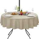 Outdoor Tablecloth with Umbrella Hole - Patio Table Cloth Zippered Round 60 Inch, Linen-Look Polyester Table Cover Water Resistant for Picnic Outside, Natural Color