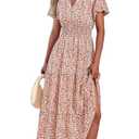 MASCOMODA Summer Maxi Dresses for Women 2026 Casual V Neck Puff Short Sleeve Smocked Flowy Beach Boho Long Floral Dress(Floral Orange,XX-Large)