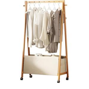 Bamboo Clothing Rack with Top Hanging Garment Rod, 2 Side Hooks & Bottom Fabric Storage Basket and 360 Rotating Wheels, Space-Saving Organizer for toys, Hats, Bags & folded clothes (1 shelf)
