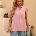 Sucolan Women's Summer Tops Dressy Casual Notch V Neck Ruffle Short Sleeve Flowy Shirts Cute Blouses Tops (Pink, S)