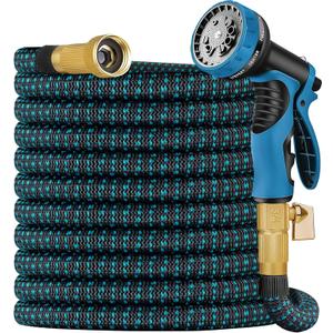 Expandable Garden Hose 50 ft Water Hose with 10 Function Spray Nozzle, Lightweight Flexible Hose with 3Layer Latex Core and 3/4 Inch Solid Fittings, 50ft Retractable Stretch Hose, (Black & Blue)