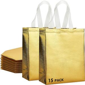 RACETOP 15 Pcs Gold Gift Bags Medium Size, 8x4x10 Inch Reusable Gift Bags with Handles & Sturdy Base, Ideal for Birthday, Wedding, Bachelorette, Party Favors, Holiday Goodie