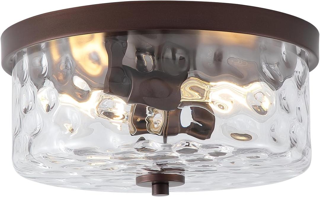 Hammered Glass Oil Rubbed Bronze Flush Mount Ceiling Light,2-Lights Modern Farmhouse Ceiling Lighting Fixture for Kitchen Hallway Bedroom,Indoor Antique Foyer Light