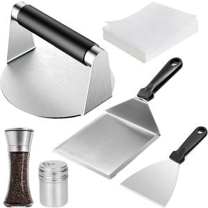 Smash Burger Press Kit - 12pc Stainless Steel Griddle Accessories Set with Scraper, Squeeze Bottle, Wide Spatula, 100 Patty Papers - Professional BBQ Tools for Blackstone Flat Top Grill & Camping