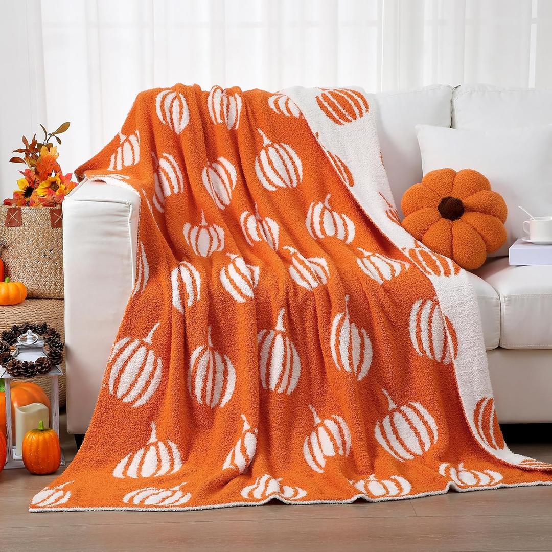 Fall Throw Blankets and Pillow Set Include Pumpkin Double Sided Flannel Blanket 50 x 60 Inch and Pumpkin Plush Throw Pillows Cushion for Couch Sofa Bed Home Decorations (White and Orange)