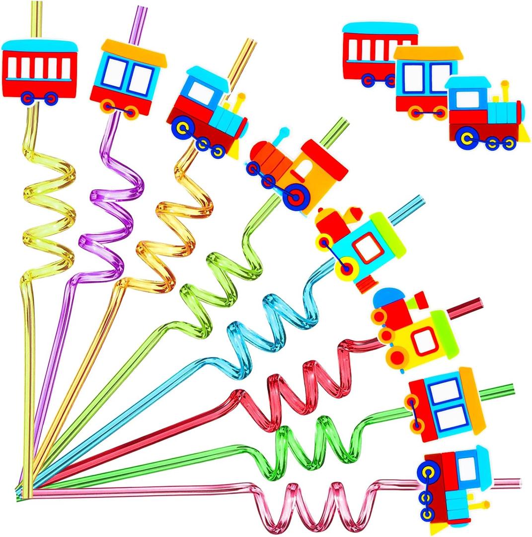 24 Pack Train Theme Shaped Straws - Reusable Plastic Straws with Cartoon Decoration - Kids Party Supplies - Birthday Party Favors with 2 Cleaning Brushes