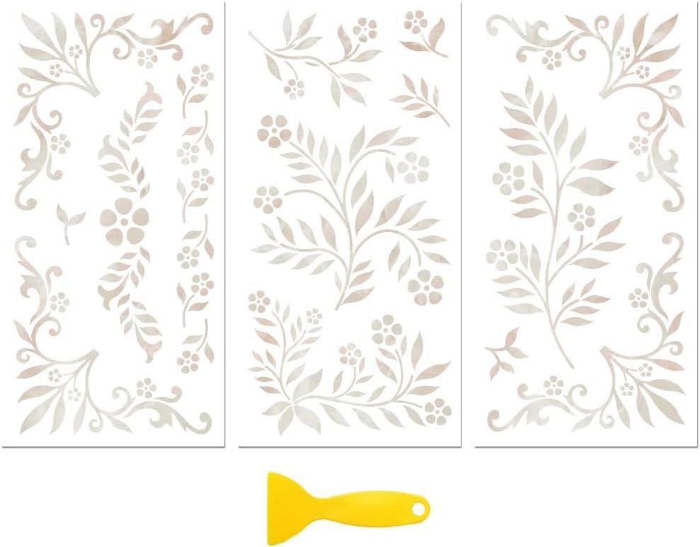 Peacoblue Rub on Transfer Decal Sticker for Furniture Craft Decor 6"x12" White Leaves and Small Flowers, 3Pcs Waterproof UV DTF Transfer for Drawer Dresser Glass Porcelain Wood Plastic Window